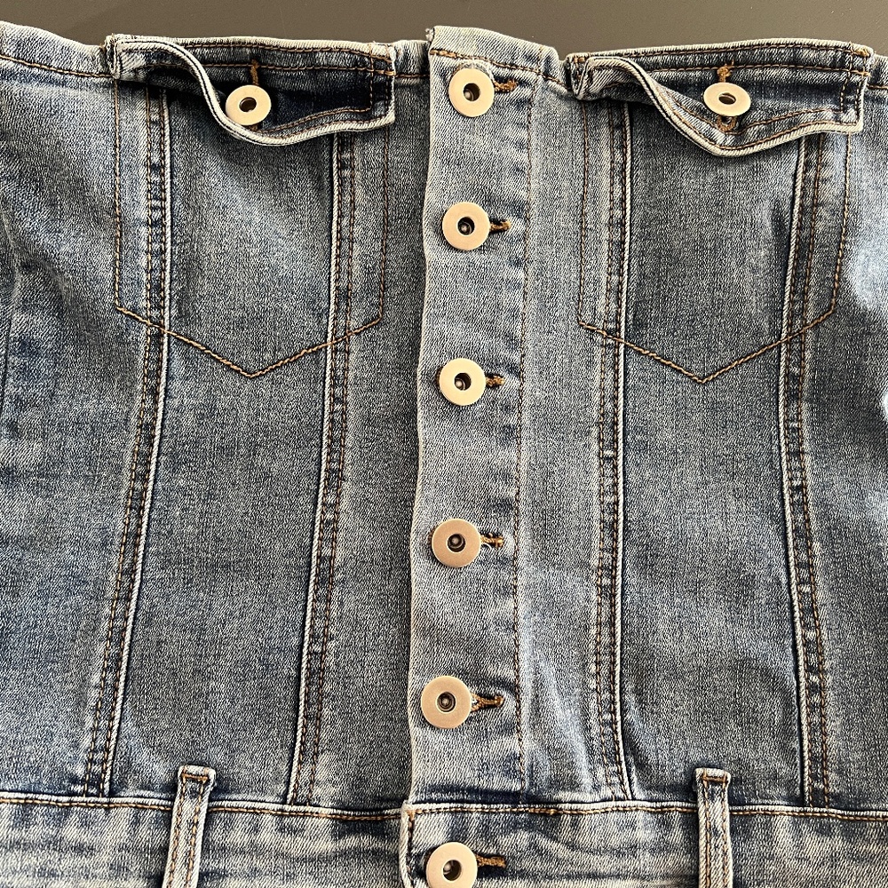 Button Front Denim Strapless Top